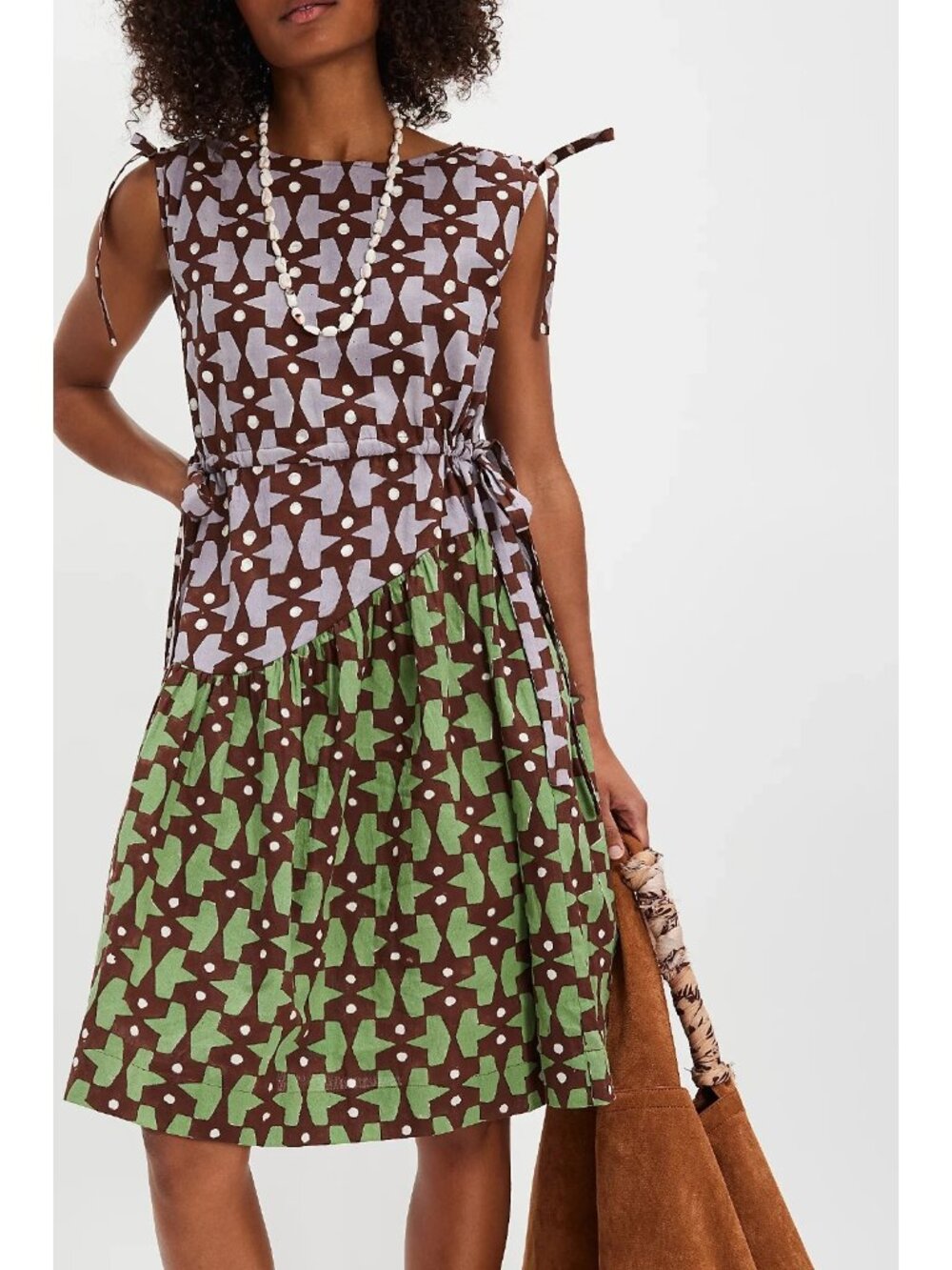 NWT Rujuta Sheth Athena in Pacman Block Print Cotton Tie Side A-line Dress S - Picture 1 of 11